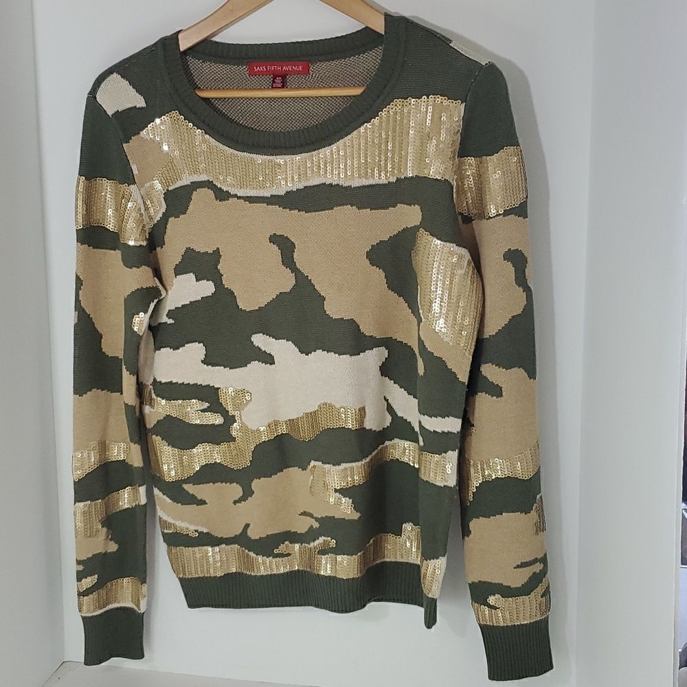 Saks Fifth Avenue Camo Gold Sequined Sweater Women's Size M